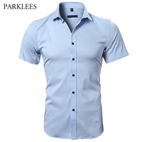 blue bamboo fiber shirt men 2018 summer short sleeve mens dress shirts casual slim fit easy care solid non iron chemise homme