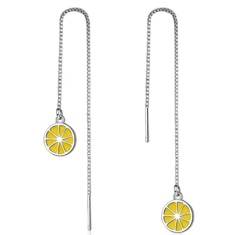 

Sweet Fresh Yellow Lemon Personality Silver Plated Jewelry Long Tassel Temperament Epoxy Fruit Dangle Earrings XZE255