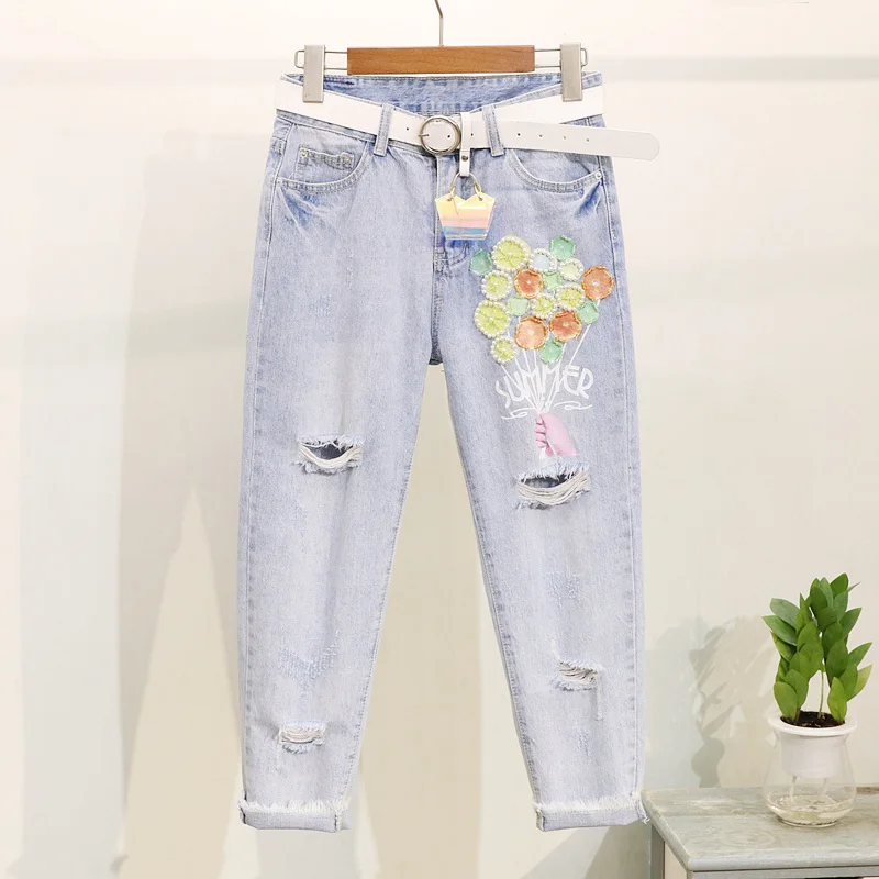 Футболка с коротким рукавом украшенная бисером рваные джинсы штаны Женский