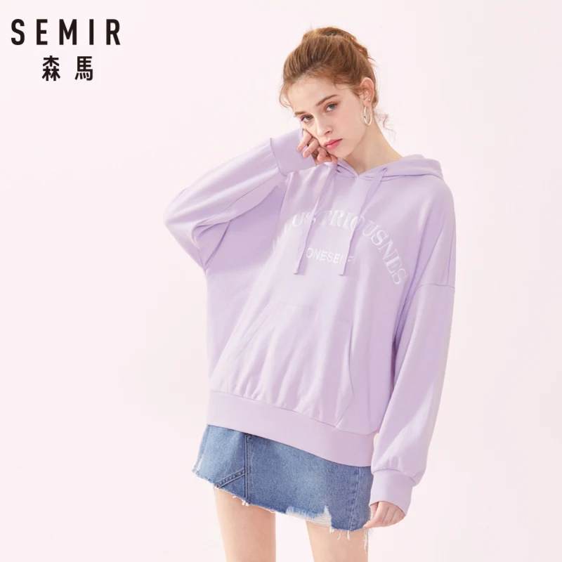 SEMIR Женская вышитая Толстовка с капюшоном опущенным плечом пуловер ребристыми