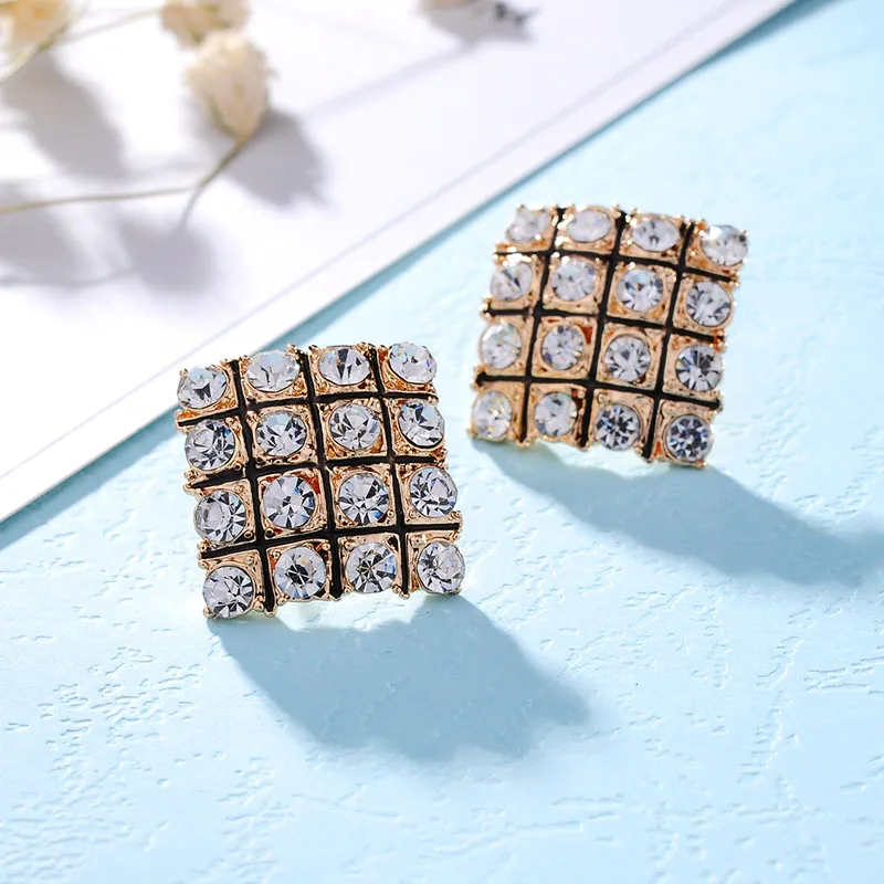 New Korean Temperament OL Square Stud Earrings For Women Fashion Sparking Rhinestone Enamel grid Geometry Earring jewelry | Украшения и