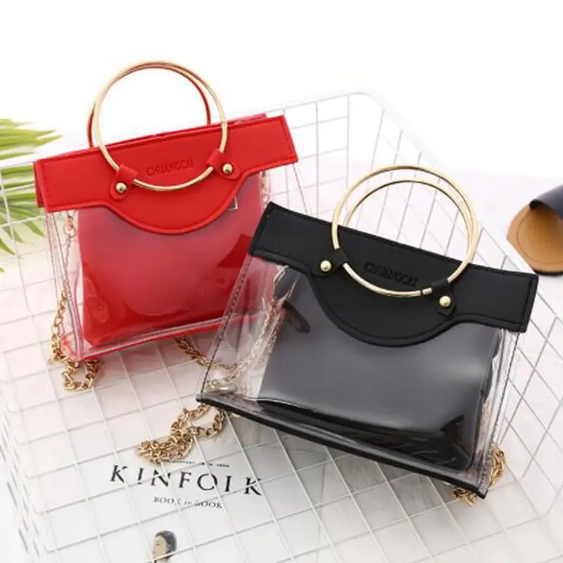 2020 Summer New Handbag High quality PVC Transparent Women bag Metallic Ring Tote Beach Travel Chain Shoulder Messenger Bag | Багаж и