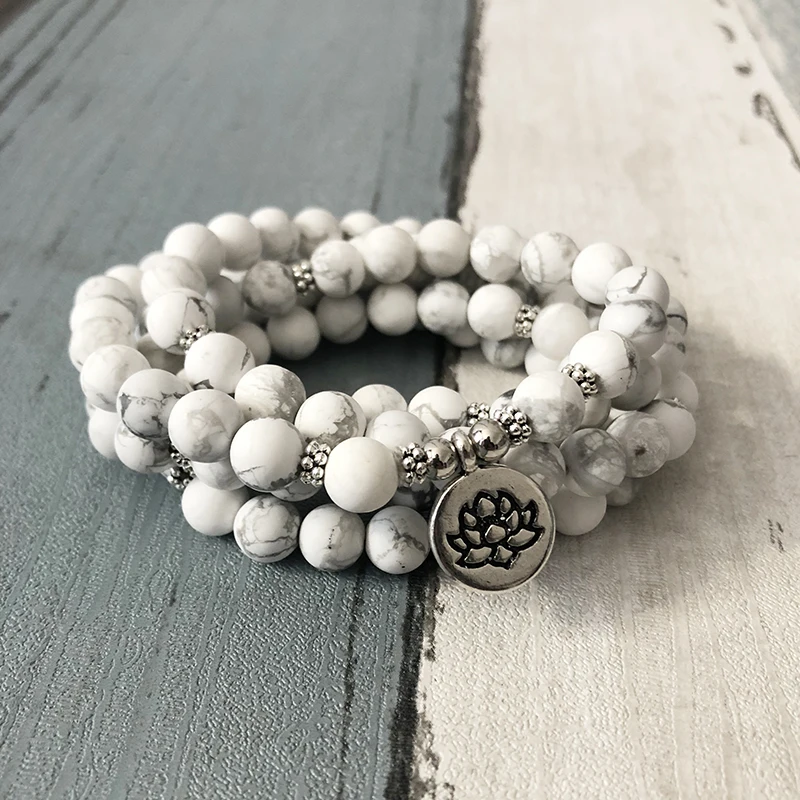 Матовые бусины Howlite Mala 8 мм 108 бусин браслет с цветком лотоса или ожерелье четки