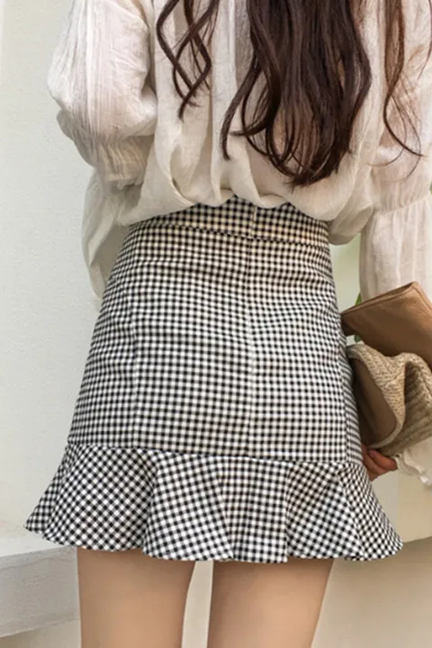 

2019 Spring Summer Trumpet Skirts Women Sexy High Waist Ruffles Patchwork Plaid Mini Skirt Female Student Slim Package Hip Saias