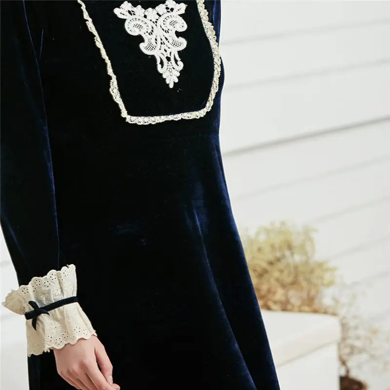 Navy Blue Elegant Square Collar Long Sleeve Velvet Night Dress Vintage Victorian Nightgown Autumn Women Sleepwear Nightwear H778 | Женская