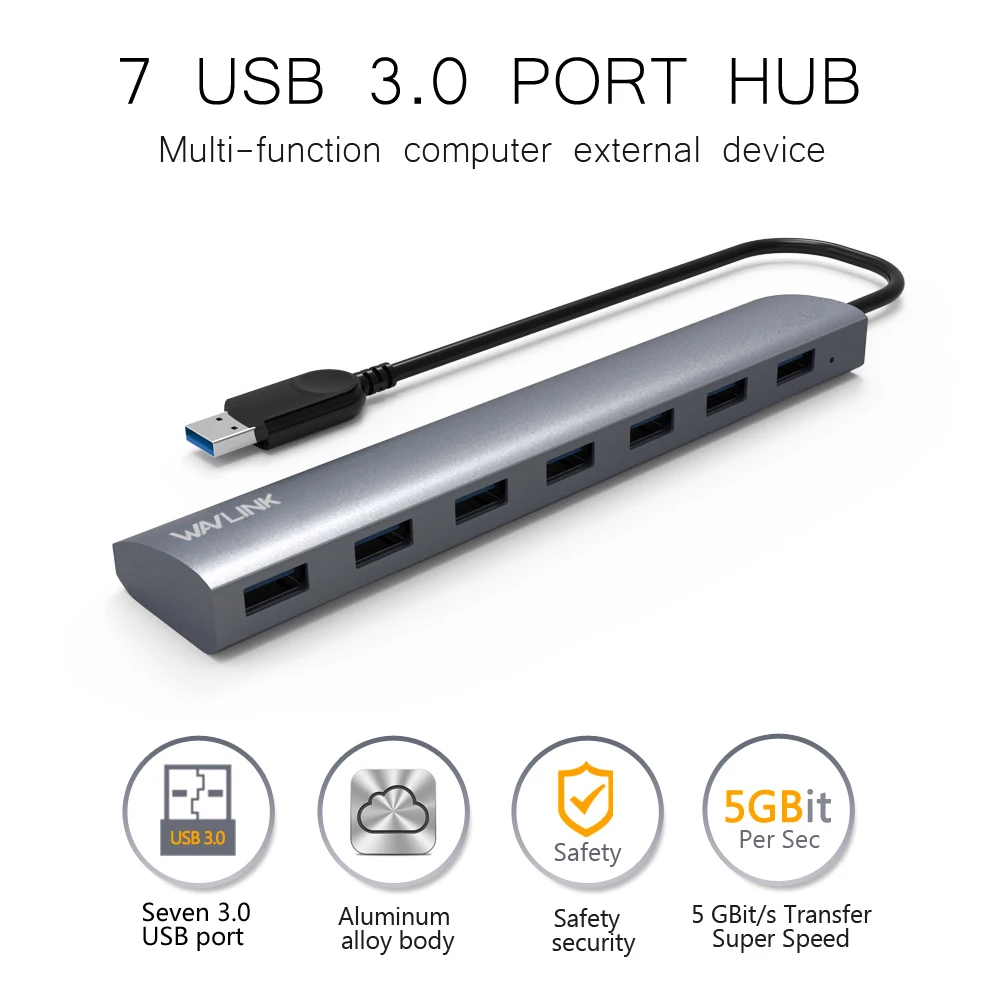 7 Порты высокое Скорость USB 3,0 Алюминий концентратор usb-хаб с выходом 5V 4A Мощность адаптер Wavlink для Macbook ультрабук iMac ПК портативный компьютер