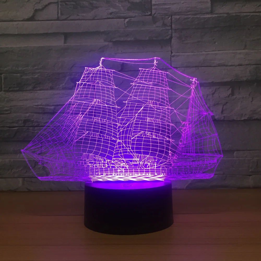 Парусный корабль светодиодный 3d ночсветильник Регулируемый 7 цветов USB кабель