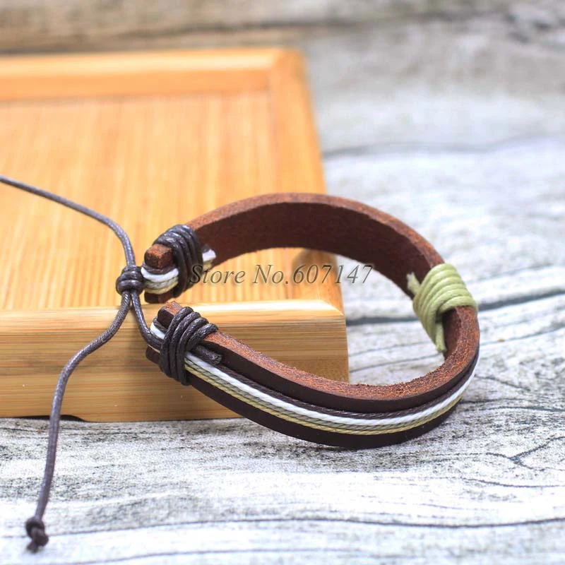 6pcs/lot Twist Handmade Bangle pulseira masculina Wrap Brown Retro Genuine Leather Bracelet Men with Braided Rope PT12 | Украшения и