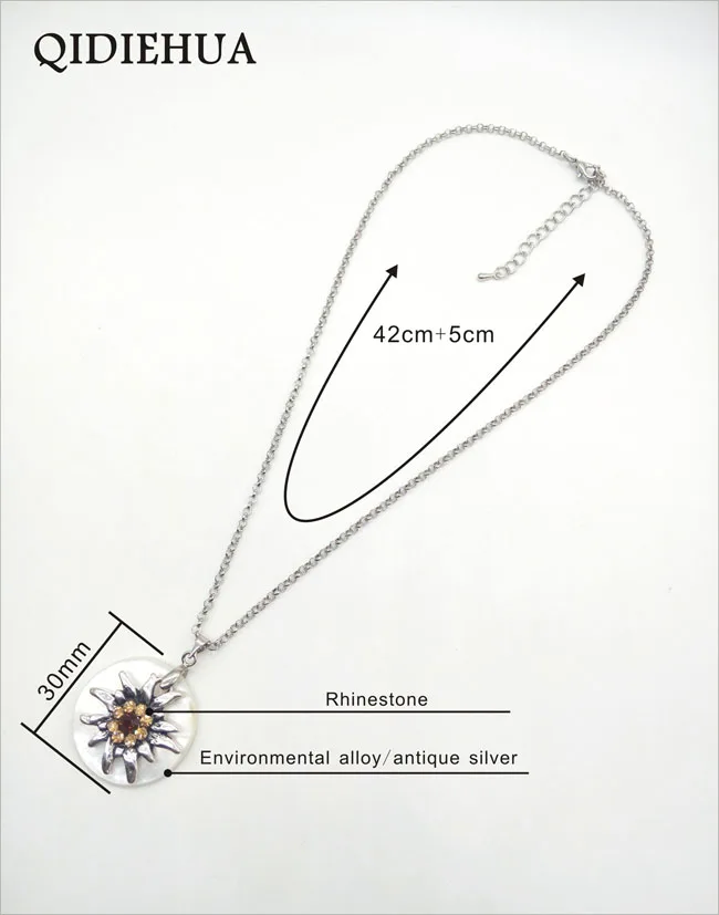 

30CM Round Shell and Antique Silver Edelweiss 4 Colors Pendant Necklaces German Oktoberfest Necklace Fashion for Women Jewelry