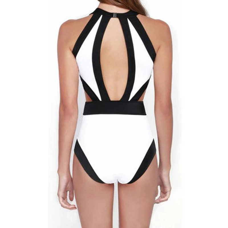 FS черный белый розовый лоскутный купальник с вырезом Холтер высокий вырез
