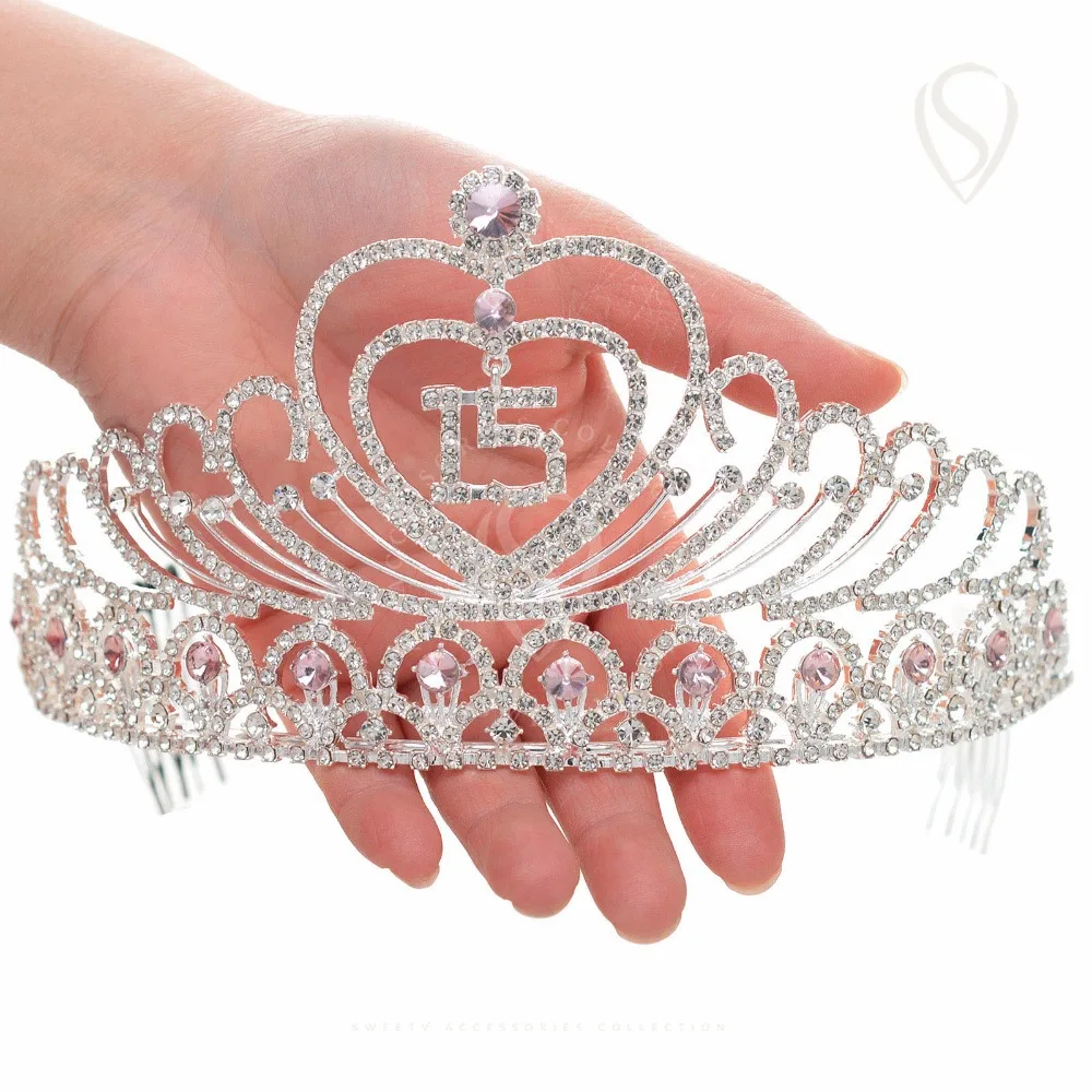 Распродажа 15th рождения тиара кристалл День корона сердца Rhinestone Обувь для девочек