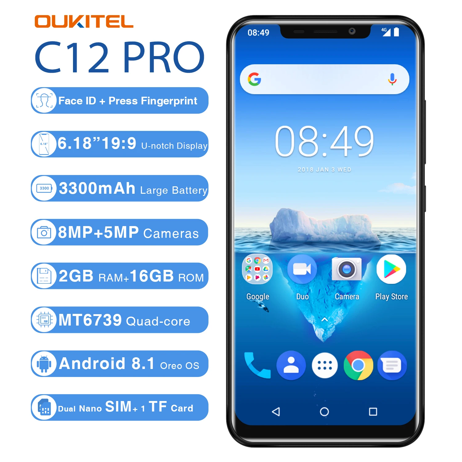 Оригинальный OUKITEL C12 Pro 6 18 "19:9 2G Оперативная память 16G Встроенная MT6739 4 ядра