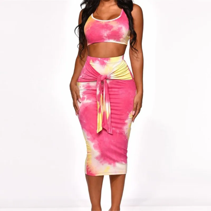Summer Women Tie-Dye Printed Two Piece Outfits Print New Tight-Fitting Bag Hips 2 Set | Женская одежда