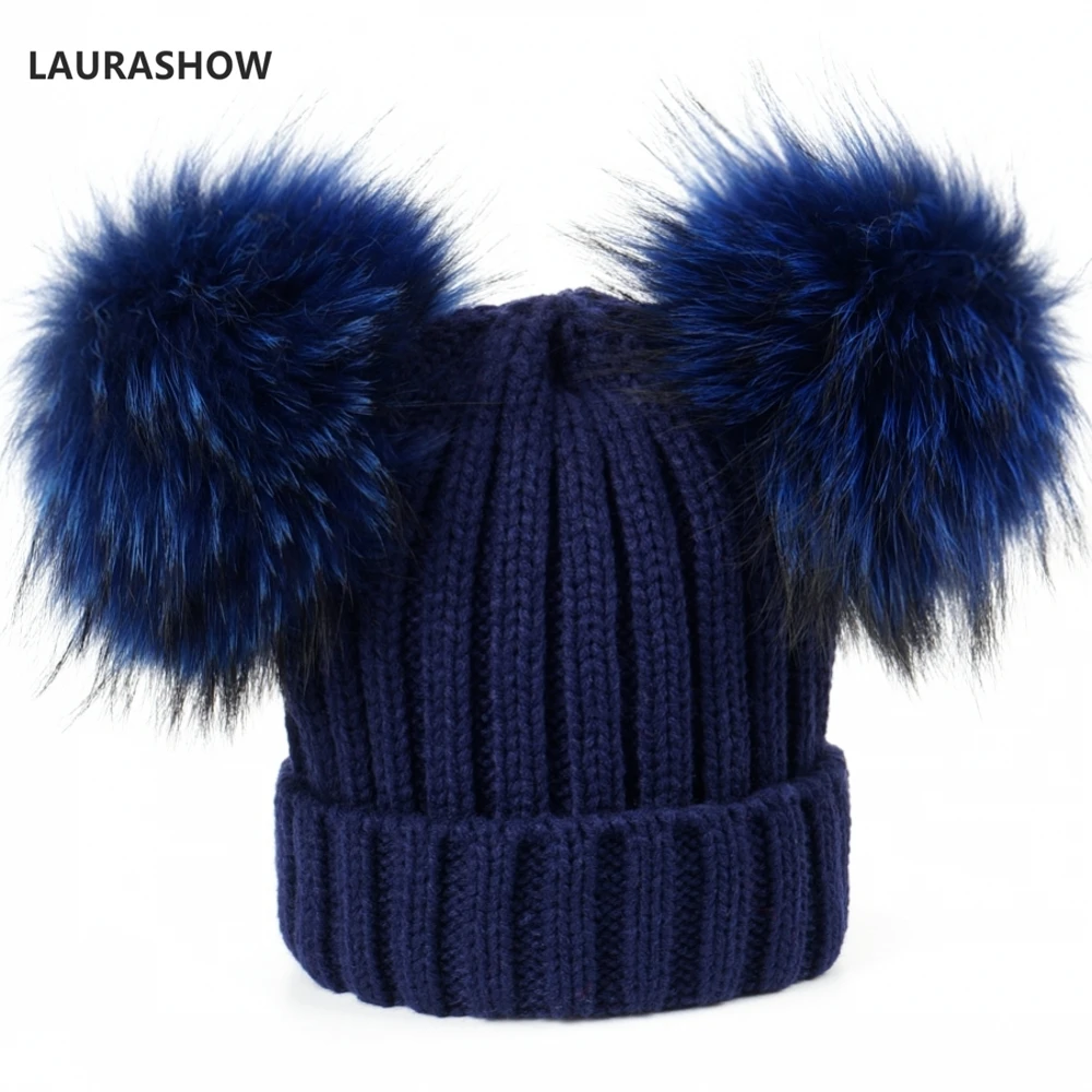 LAURASHOW, зимняя брендовая шапка для взрослых, 16 см, двойная, натуральный мех, помпон, шапка для женщин, шапка, вязаная шапка, шапка, Skullies, женские шапочки