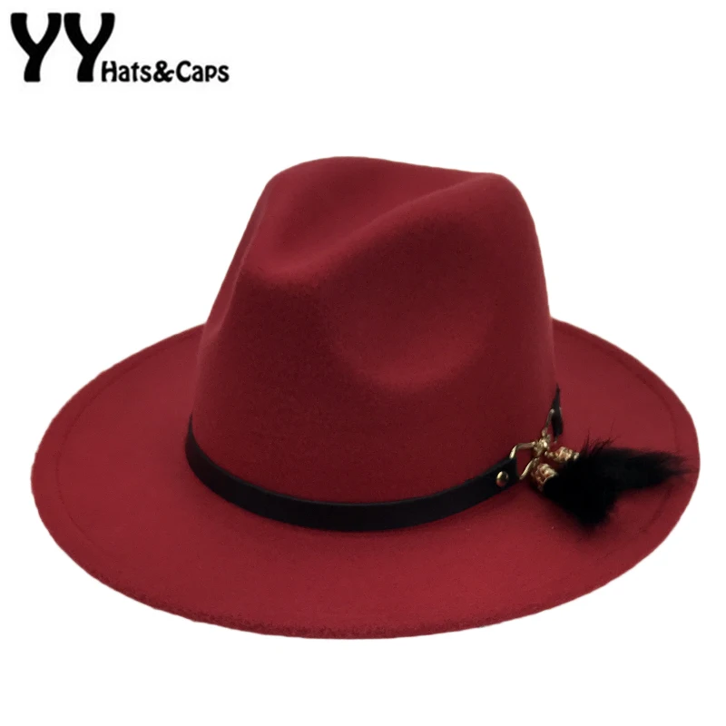 Шляпа Женская фетровая с широкими полями изысканная Федора кисточками из