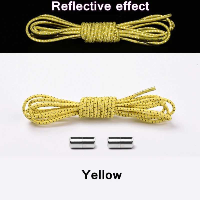 Yellow Новые Светоотражающие эластичные шнурки без завязок, шнурки с металлическим наконечником, круглые удобные шнурки с быстрым замком, шнурки для обуви унисекс - Цвет: Yellow