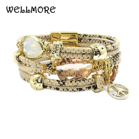 Кожаный браслет WELLMORE со змеиным принтом, камень, хрусталь, покой, богемный браслет для женщин, ювелирные изделия оптом