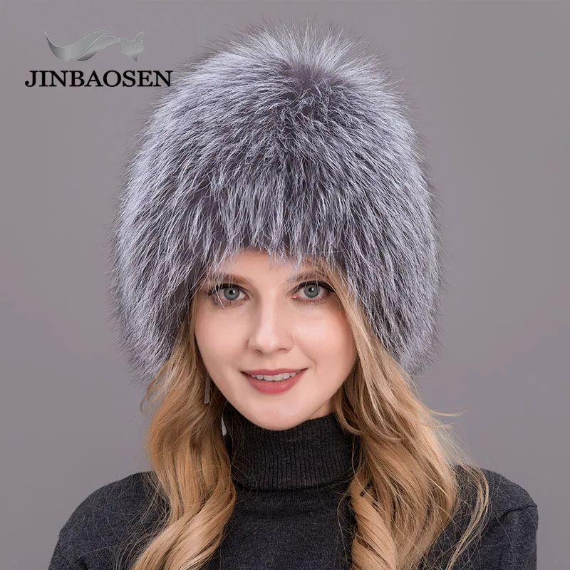 COLOR3 JINBAOSEN женская меховая шапка из натуральной лисы, шапка для русской зимы, Модные Вязаные Лыжные шапки с теплыми ушками - Цвет: COLOR3