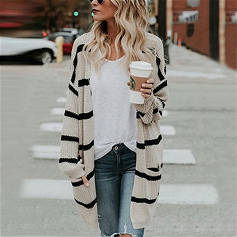 Fashion Long Striped Sweater Cardigan Full Sleeves Burgundy / Apricot Autumn Winter Coat Loose Casual Knitting Outwear |