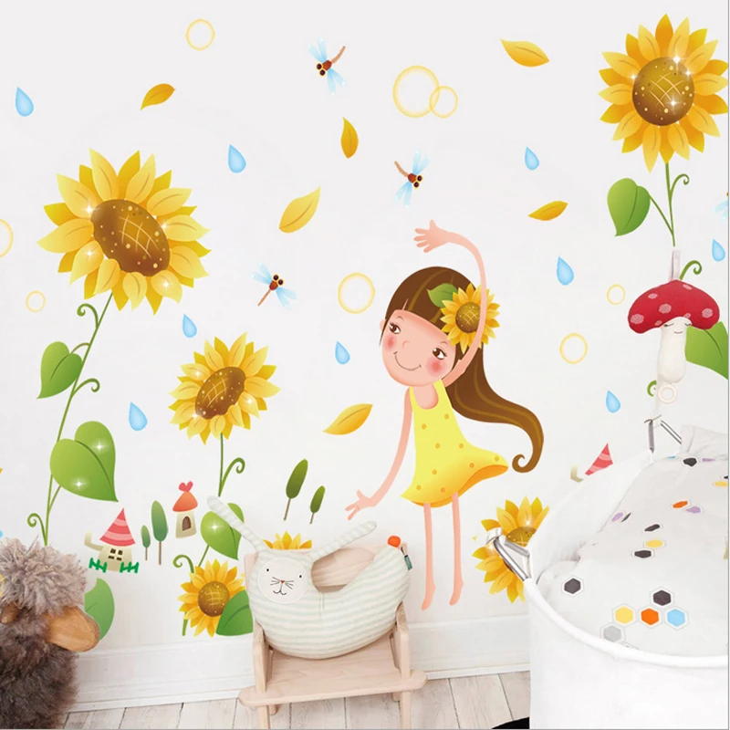 Горячая Распродажа милые девушки стены стикер мультяшка наклейки с подсолнухами