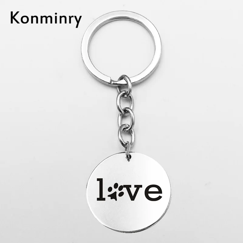 Key chains Милые Черные брелки для ключей из нержавеющей стали в виде лапы питомца, круглый металлический кулон, художественные брелки с принтом «любовь», «кошка», «Собака», серебряные подарки, ювелирные изделия - Цвет: Key chains