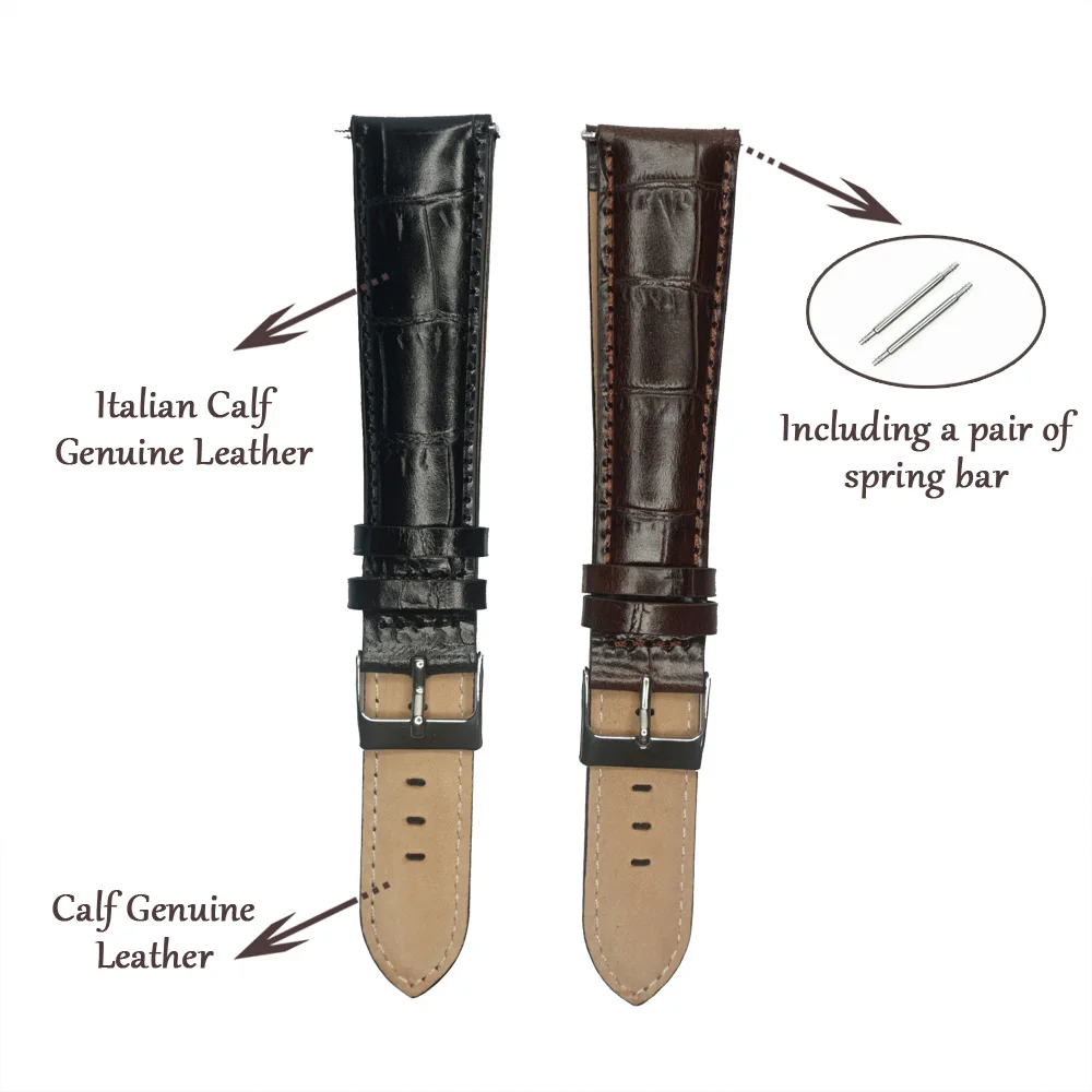 YQI Italian Genuine Leather Watch Band 18mm 20mm 22mm 24mm Strap Longer Black Brown Extra Long for Bigger Wrist | Наручные часы