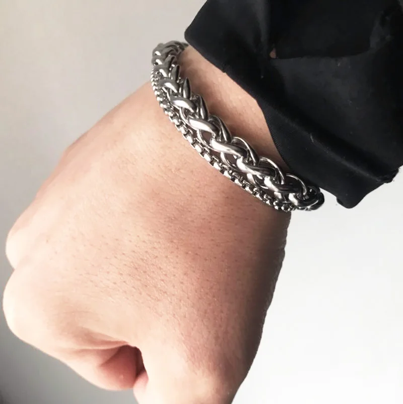 Unique Men's Bracelet Double Chain Bracelet Silver Stainless Steel Wheat Box Chain Link Bracelets Male Jewelry Dropshipping
