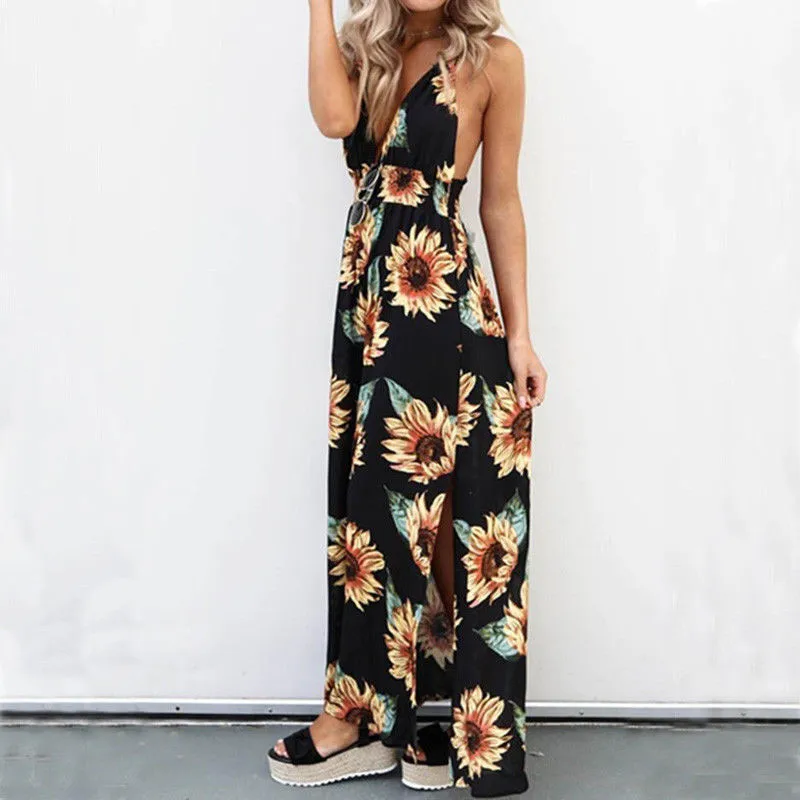 Цветочный принт Lang Maxi Kleid без рукавов с открытой спиной Sommer Kleider Strand принтом