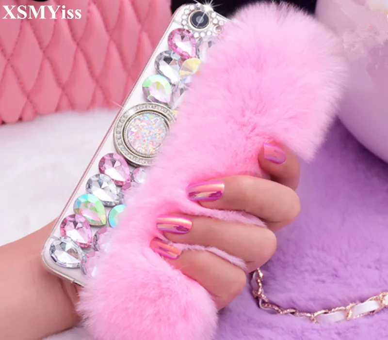 

Luxury Bling Diamond Ring Stand Fluffy Rabbit Fur Phone Case For Xiaomi Redmi 5 7 8 9 6A 7A 8A 9A 9C Note 5 6 7 8 9 Pro 8T 9T