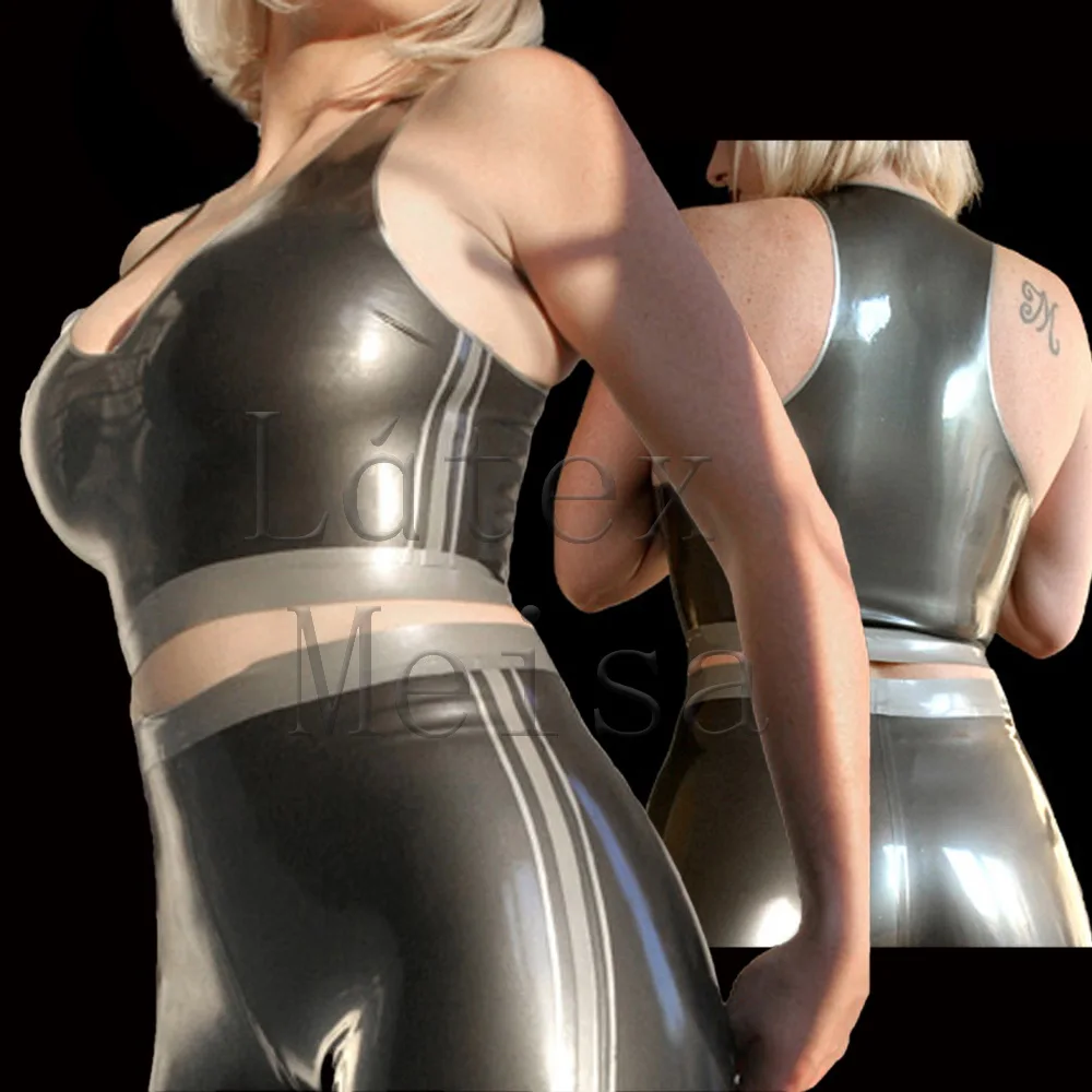 Sexy vest latex top women and tight shorts in gray color in handmade crafts