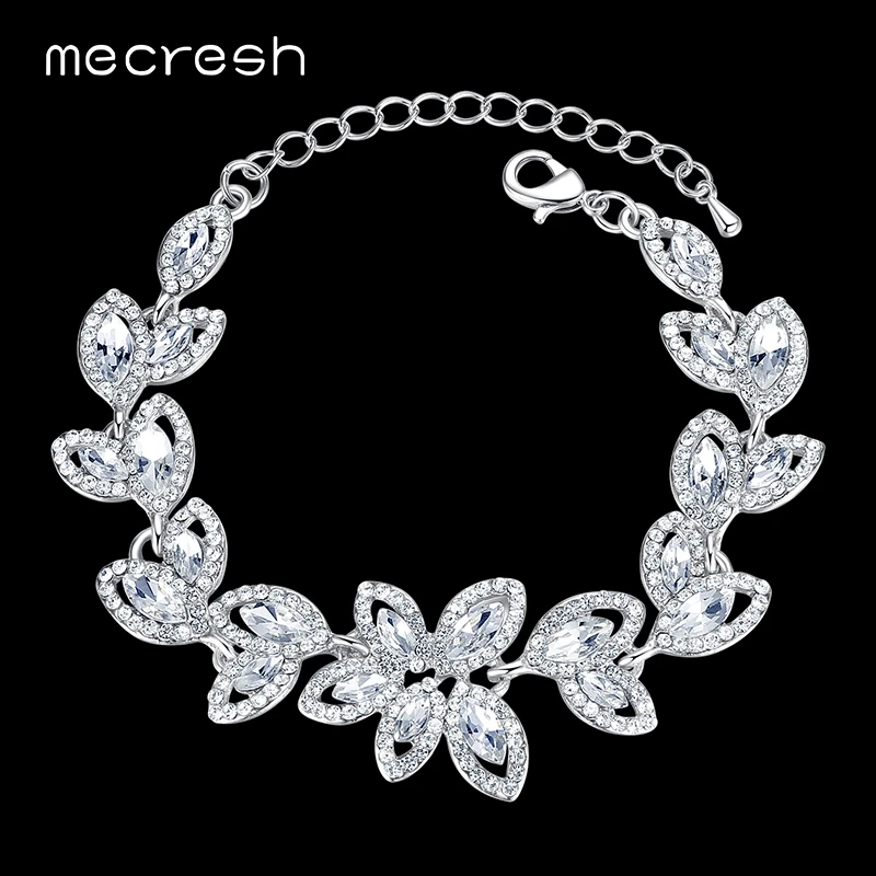 

Mecresh Leaves Crystal Charm Bracelets for Women Silver Color Rhinestone Bridal Engagement Pulseras 2018 Wedding Jewelry SL046