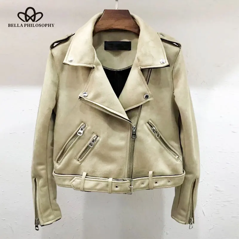 Beige Bella philosophy, Женское пальто, весна-осень, Женская куртка на молнии с отложным воротником, искусственная замша, байкерская куртка, пальто, хаки, серый - Цвет: Beige