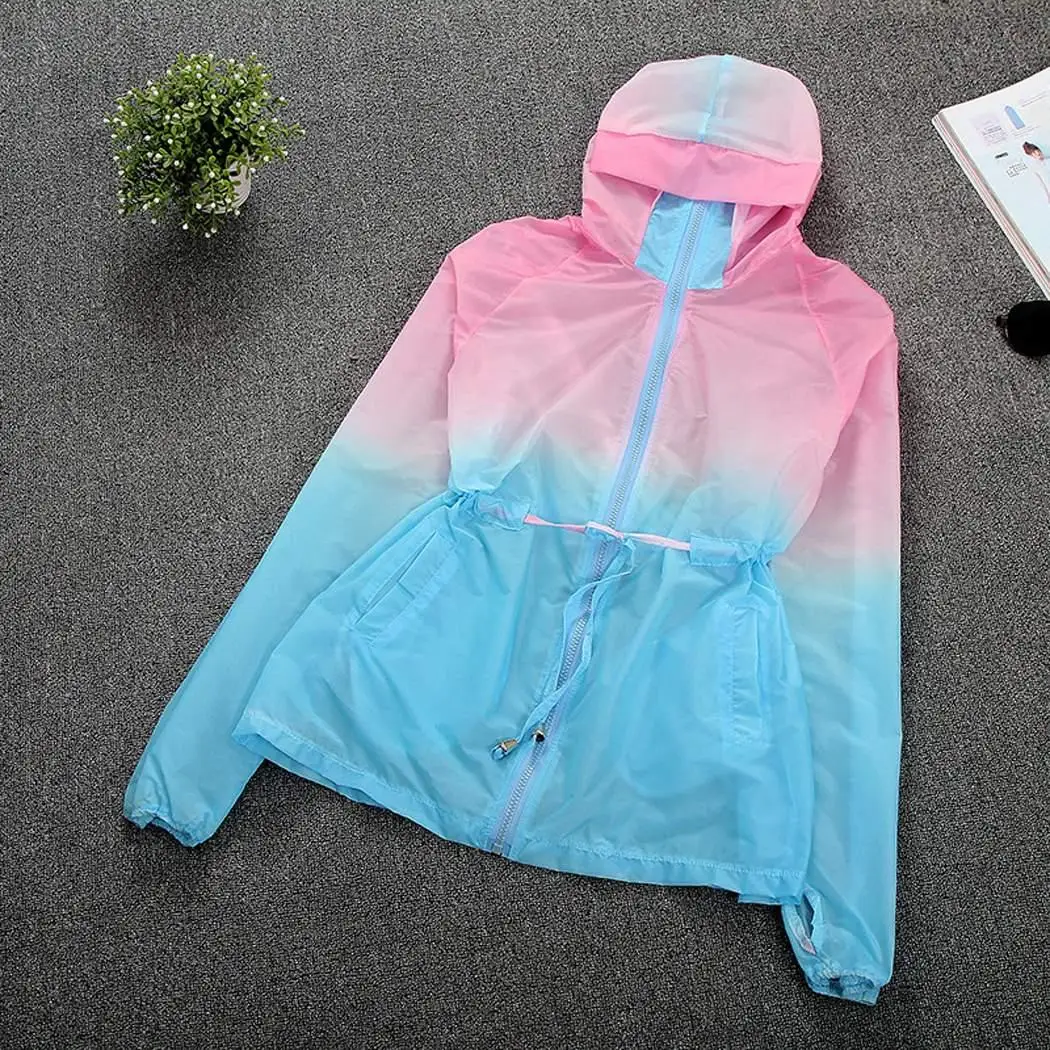 Women Casual Long Sleeve High Collar Hooded Loose Gradient Color Ultra-light Sun Protection Coat Regular | Женская одежда