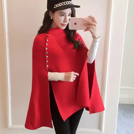 Autumn Winter Women Fashion British style Sweaters 2018 New Vintage Runway Metal buckle loose knit shawl cape | Женская одежда