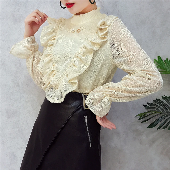 ALPHALMODA V-Ruffled стоячий воротник, украшенный бисером, женские изящные футболки с вырезами на крючках, цветы, однотонные женские пуловеры, футболки