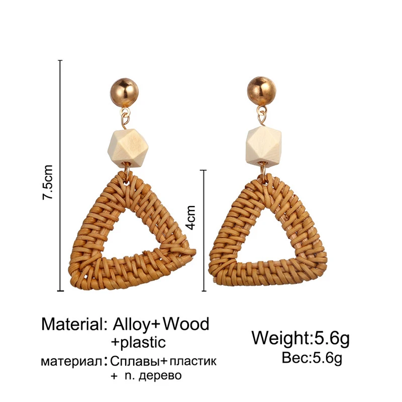 Handmade Woven Bamboo Wicker Straw Rattan Triangle Geometric Statement Earrings Fashion Boho Drop for Women Girls | Украшения и