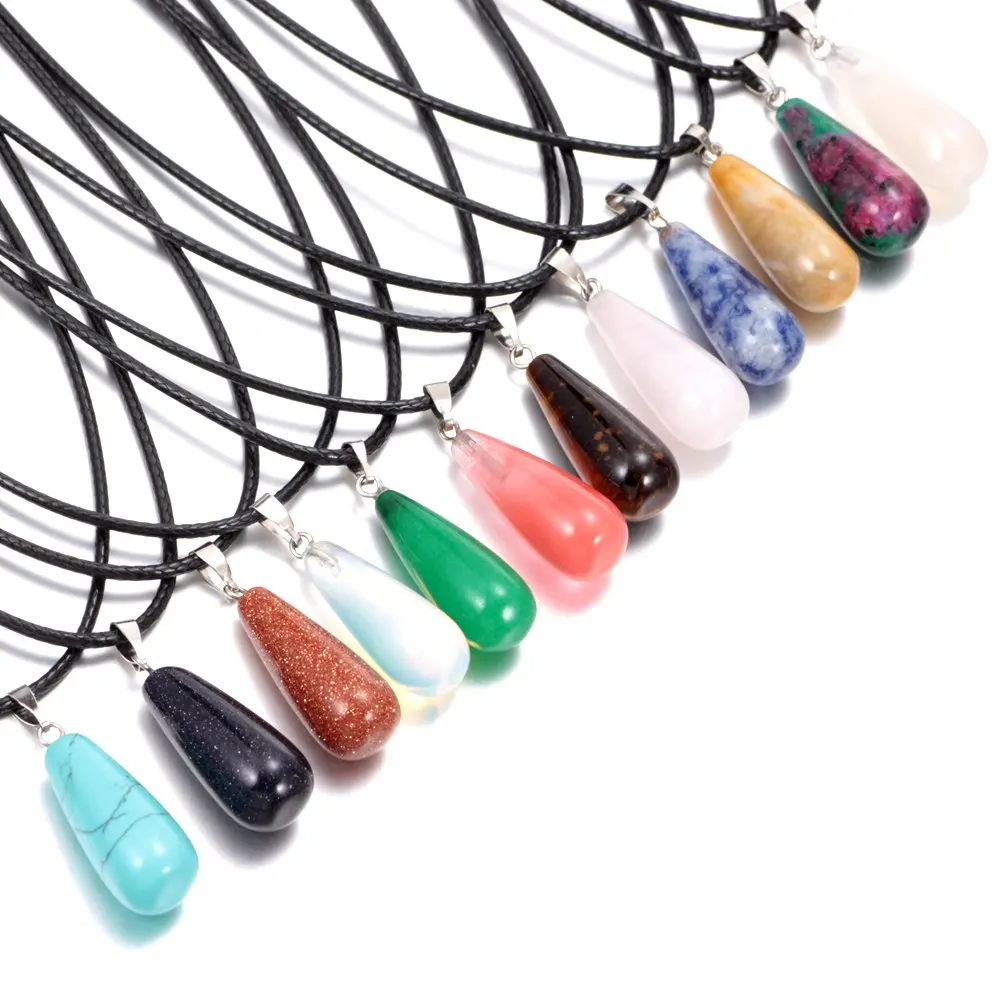 

0500 New Arrivals Natural Crystal Stone Pendant Raindrop Necklace Pendant For Women Leather Necklace