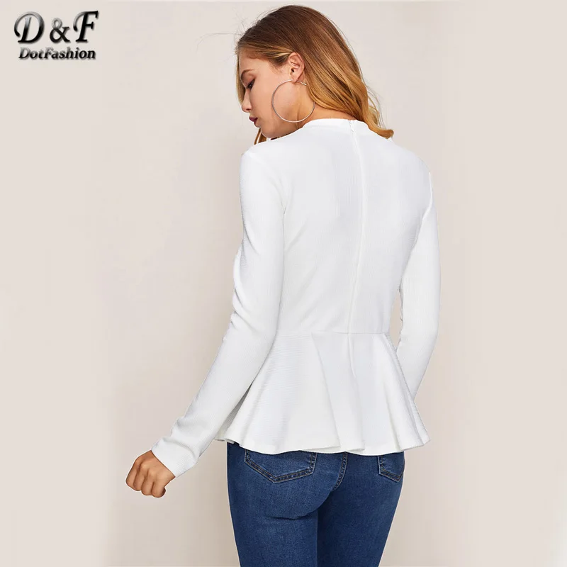 Dotfashion/женская футболка в рубчик с оборкой и баской; коллекция года; сезон осень; белый топ с вырезом лодочкой и длинными рукавами на молнии; Повседневная футболка