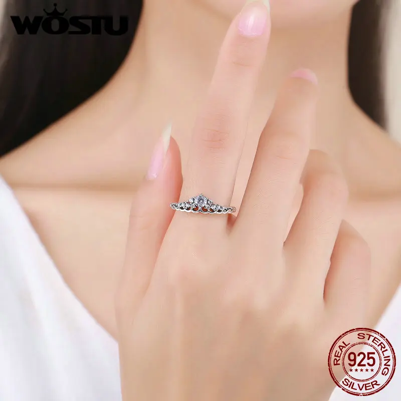 WOSTU Роскошные 100% 925 пробы серебро сказка Тиара кольцо ясно CZ палец для Для женщин