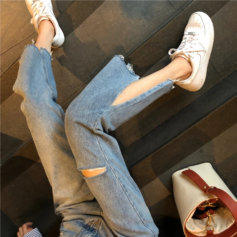 2020 summer fashion crooped denim pants with hole high waist flare jeans split at hem | Женская одежда