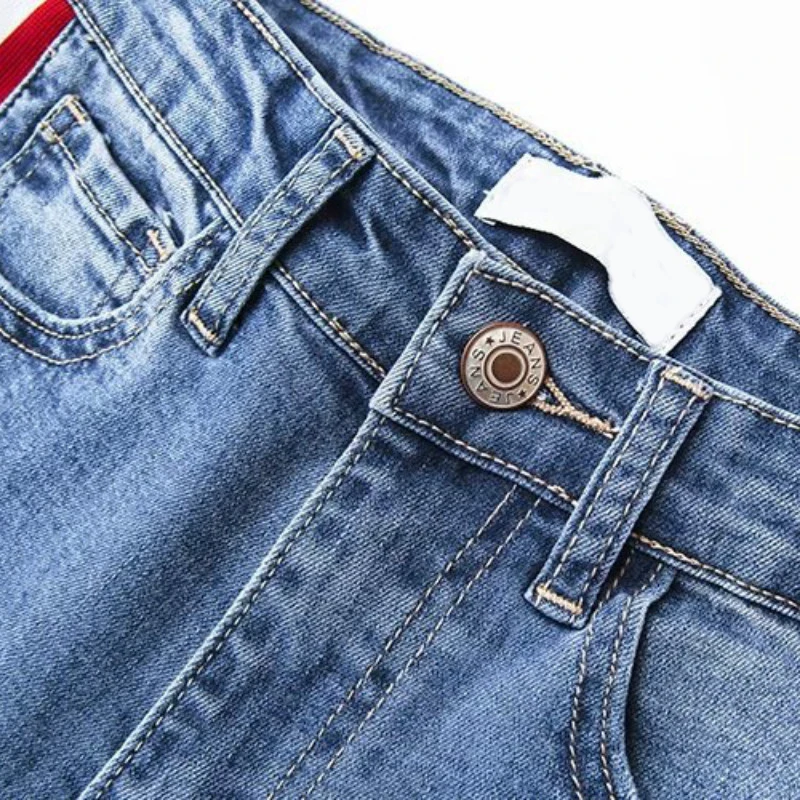 Women High Waist Jeans Ankle-Length Lady Side Striped Patchwork Skinny All Matched Casual Pants Brief Slim Winter |