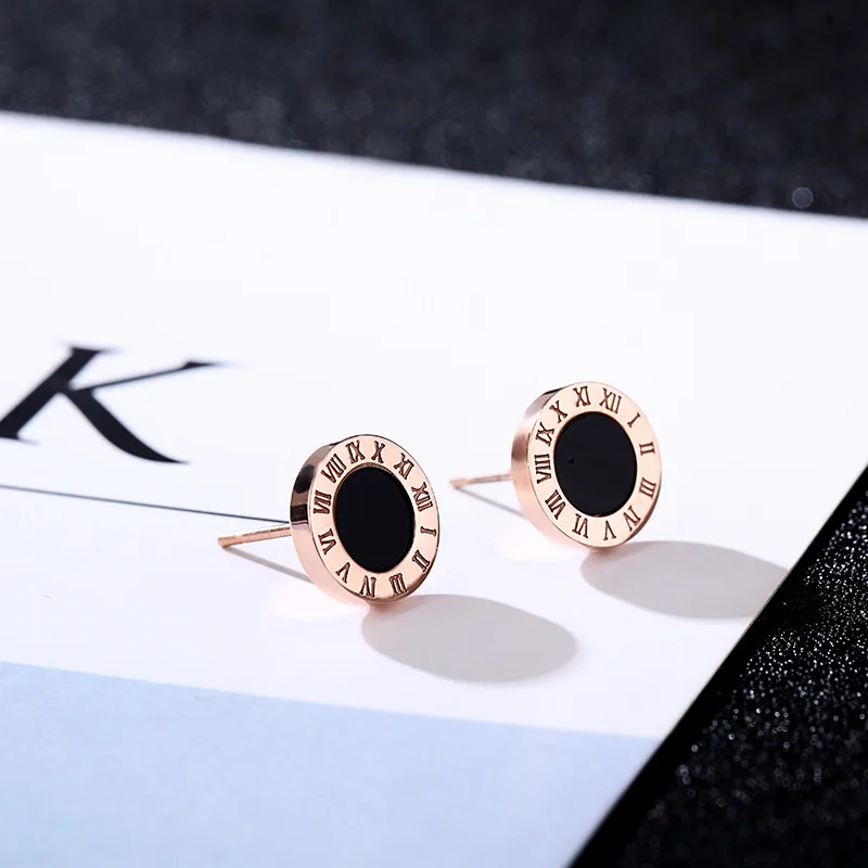 316 Stainless Steel Round Shine Black Shell 8MM Diameter Roman Numeral Stud Earrings For Women High Quality Brand Jewelry SUER3 | Украшения