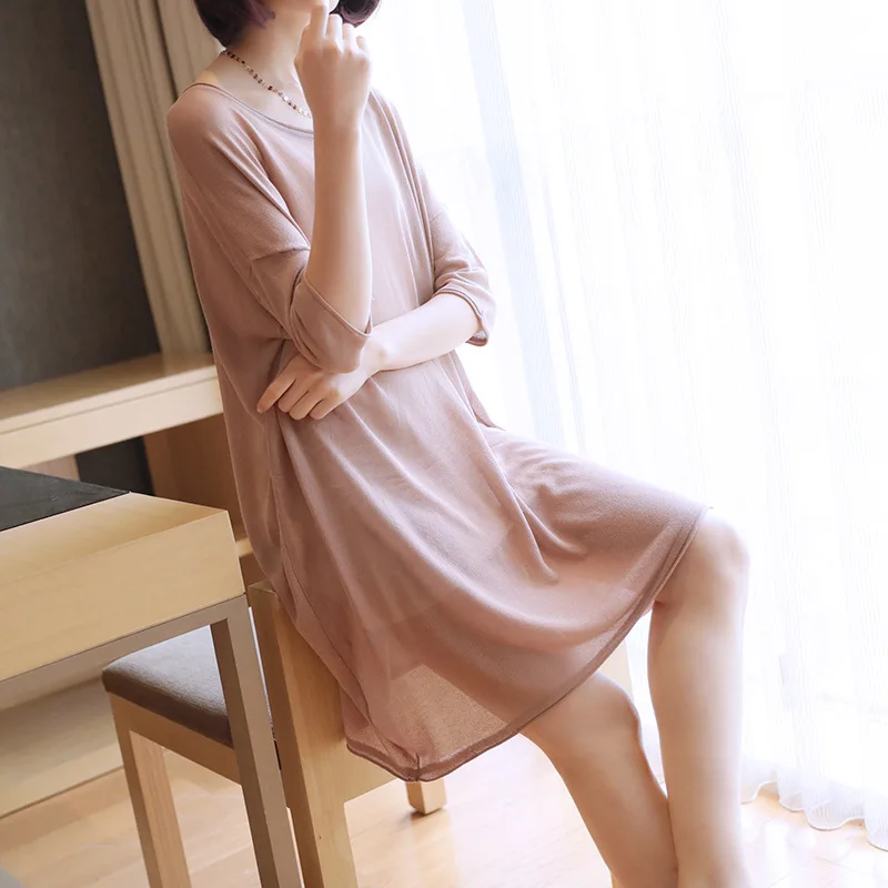 

2019 summer Korean version of the new women's loose large size ice silk dress in the long section of hollow knit blouse