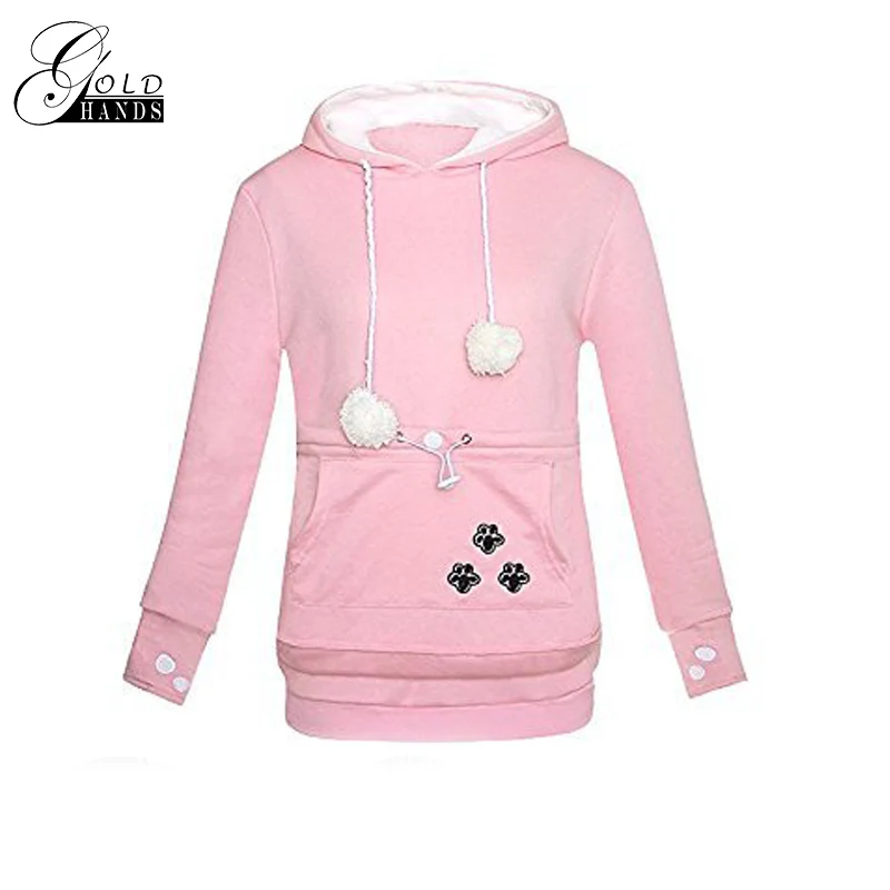 Золотые руки кенгуру карман толстовки для женщин с капюшоном кошачьими ушками пуловеры для переноски домашних животных держать тепло для маленьких кошек и собак - Цвет: Розовый