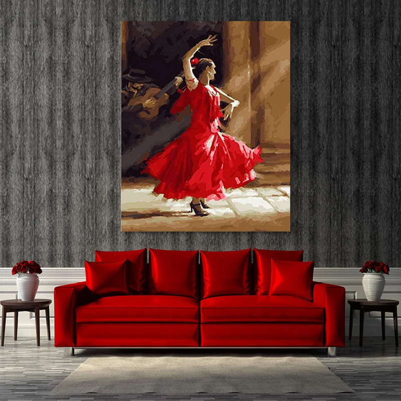 Картина для рисования по номерам красное платье танцовщица крыльцо украшение