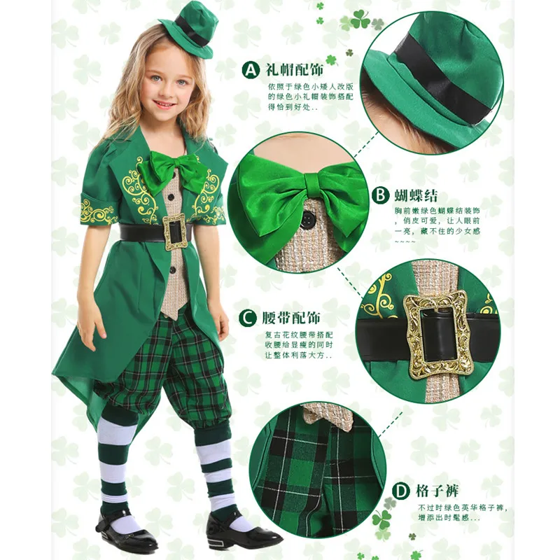 Green Girls Halloween Ireland Fairy Traditional Costumes Kids Children Irish Leprechaun Elf Cosplay Purim Carnival Party Dress |