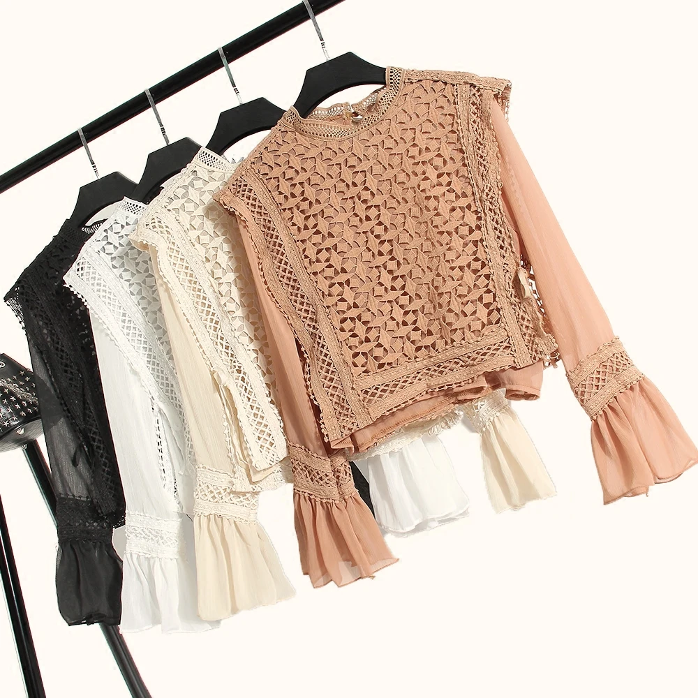 2018 Весенняя коллекция блузка рубашка ажурная кружевная вышитая цветами