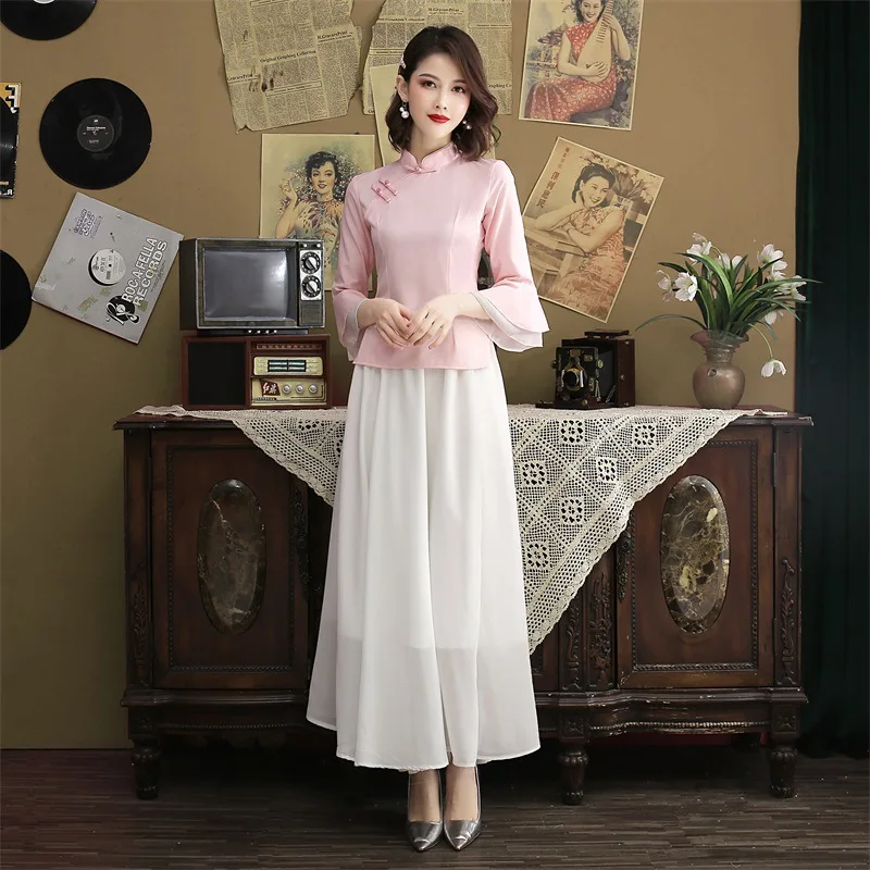 Новая улучшенная версия платья Чонсам китайский Hanfu Женский костюм Чонсам с рюшами на рукавах платье Чонсам комплект из двух предметов Размер S-3XL