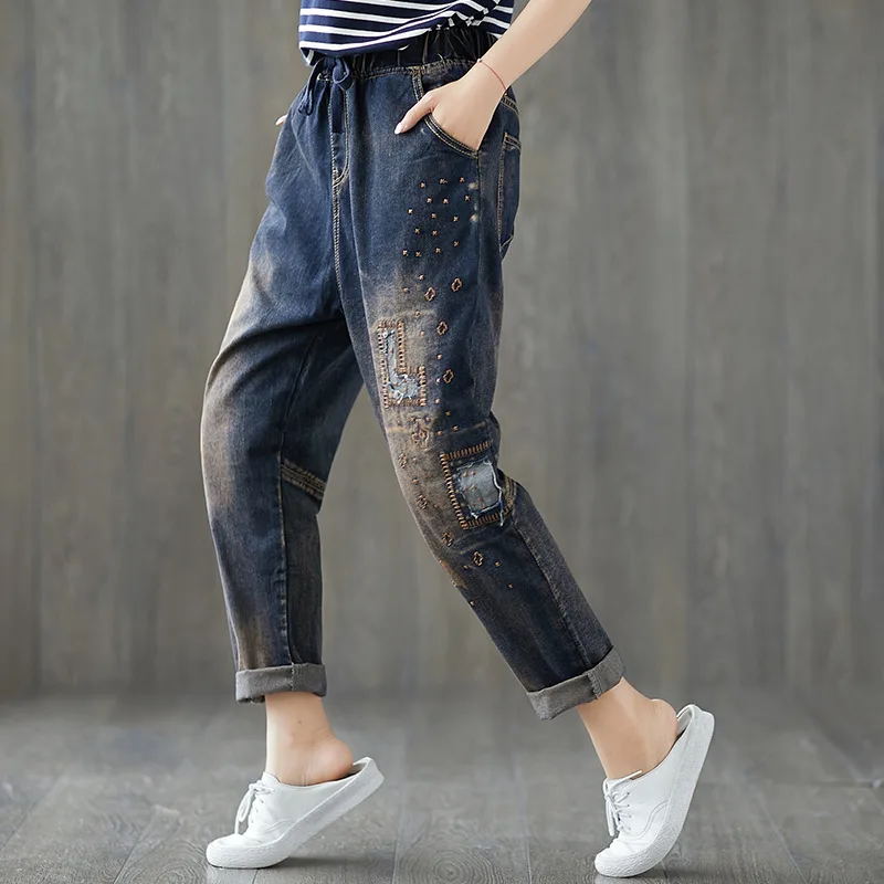 Осенне-весенние женские свободные с вышивкой винтажные джинсы эластичной