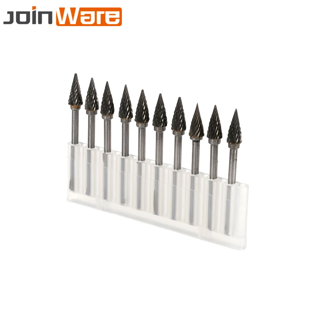 

10Pcs 6MM 1/4" Head Tungsten Steel Solid Carbide Cone Shape Rotary Cutter Burr Set Engraving Bit Tools With 1/8" 3MM Shank